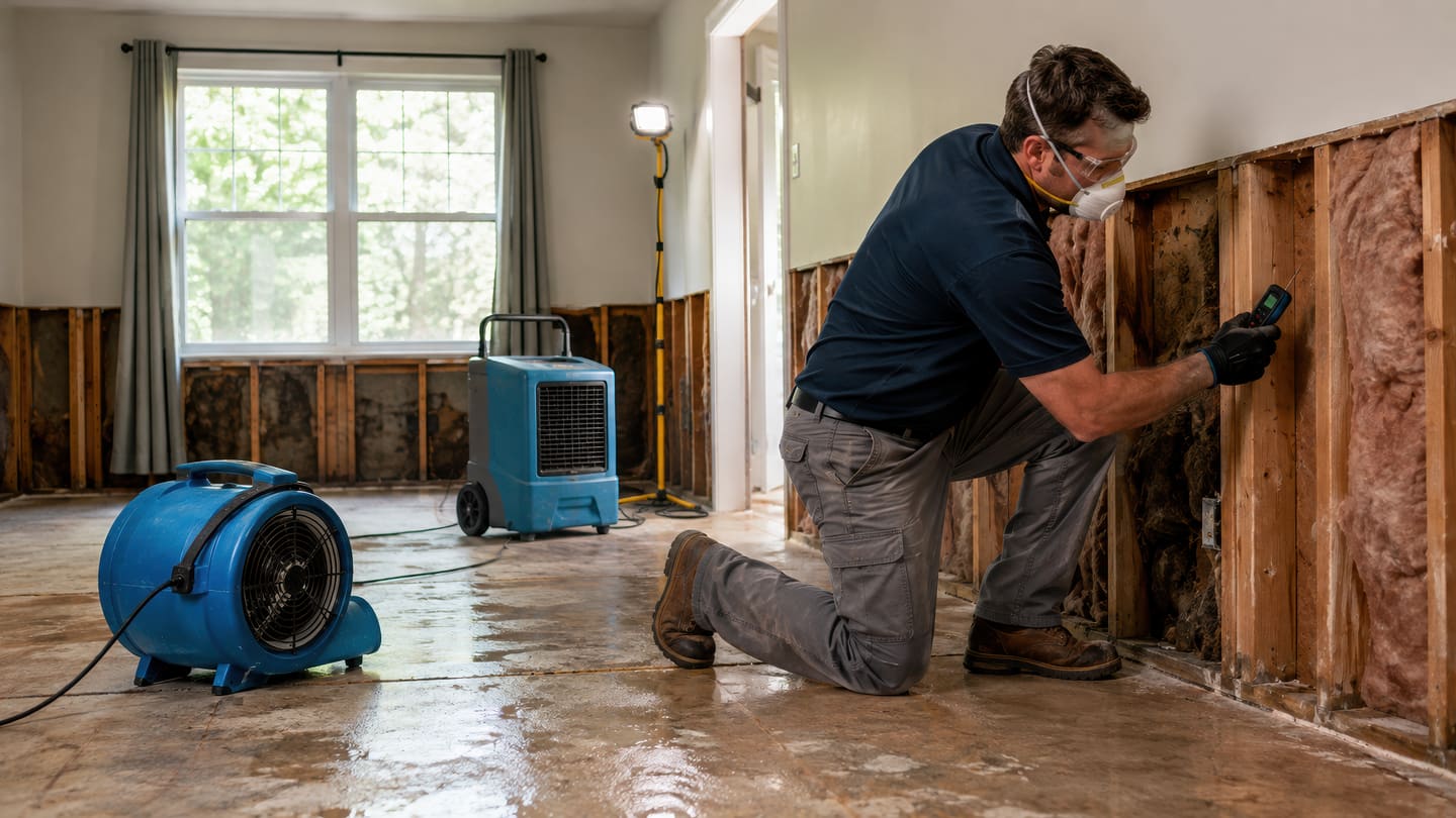 Worker in a respirator holding a meter to exposed studs above a wet floor