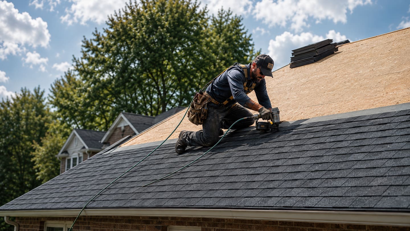 Man kneeling on a shingled roof with a nail gun, bundles stacked above him