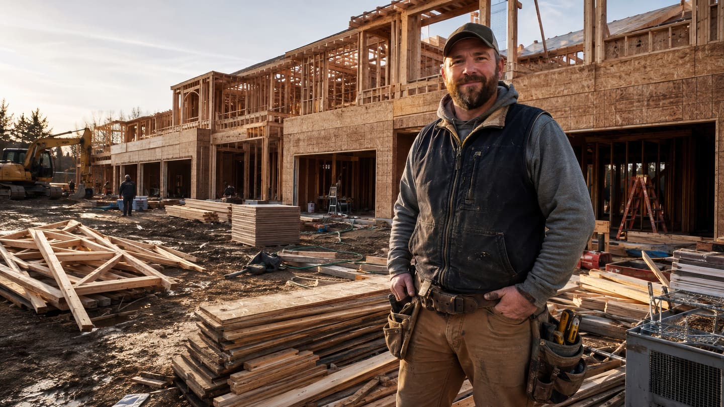 Bearded worker in a tool belt standing before a long timber-framed building under construction