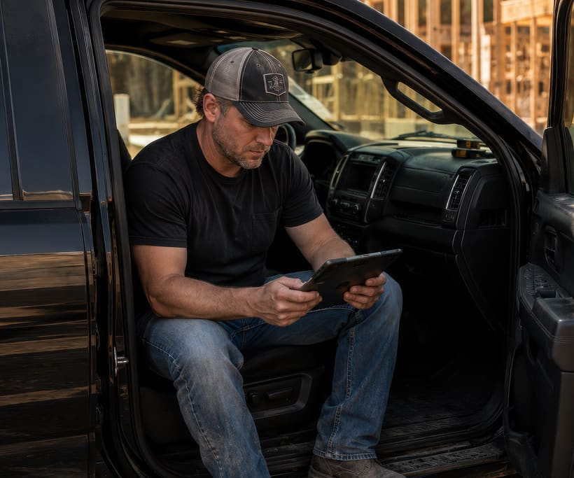 Man sitting in an open truck door looking at a tablet, framing behind him