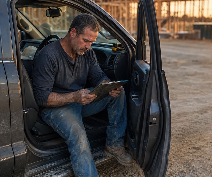 Man sitting in an open pickup door reading a clipboard on a dirt lot