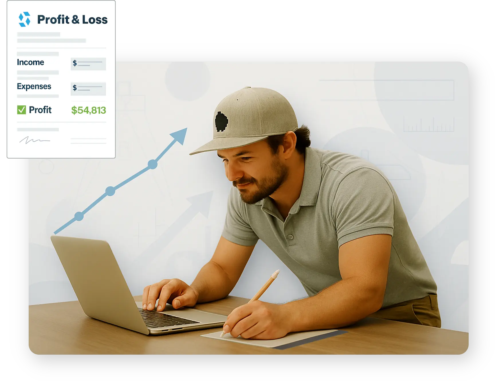 choosestream Flat-style SaaS-inspired illustration of a contractor at a laptop, with an open email envelope icon displaying colorful financial reports, set against a modern techy background with abstract graphs and contractor-themed icons.